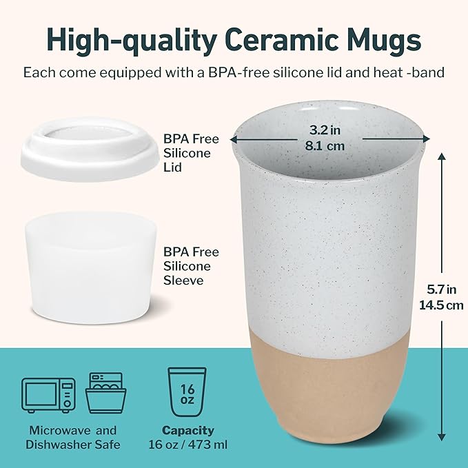 NOVA CERAMICS Travel Mug - Coffee Mug Travel – Microwave & Dishwasher Safe Coffee Clay Tumbler - Gifts For Women Men Him Her – 16oz – Dune