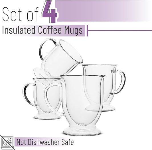 BTaT- Double Walled Glass Coffee Mugs, 12 oz, Set of 4, Glass Coffee Cups with Handle, Insulated Clear Coffee Mug for Hot and Cold Beverages, Cappuccino, Latte, Tea, Americano, Microwave Safe