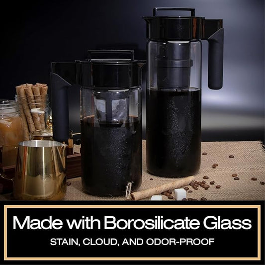 Glass Cold Brew Coffee Maker For Iced Coffee, Airtight Pitcher, 1 Quart, Black Lid And Handle - It Is A Durable BPA Free Glass Pitcher With An Airtight Lid And Non-slip Silicone Handle