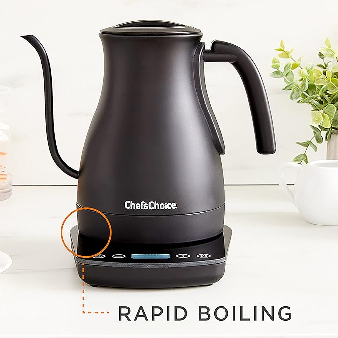 Chef'sChoice Electric Kettle Gooseneck Style Perfect for Pour-Overs Stainless Steel Construction 1200 Watts with Auto-Shutoff & Boil-Dry Protection, 1-Quart, Black