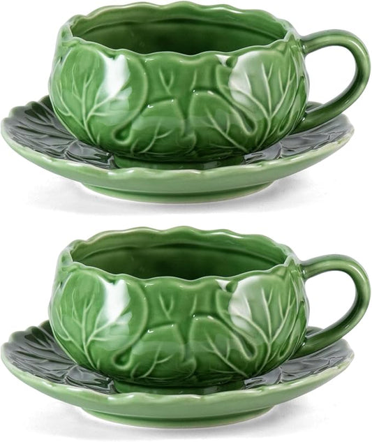 KAMMAK Tea Cups and Saucers Set of 2, Porcelain Coffee Cups, 10-Ounce Stackable Espresso Mugs, Ceramic Demitasse for Coffee, Latte, Americano, Tea, Lucky Green