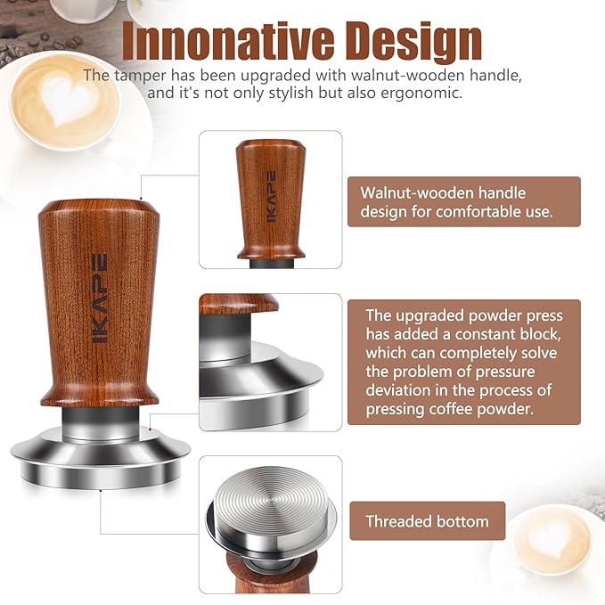 IKAPE 58.35mm Espresso Coffee Tamper, Spring-loaded Calibrated Tamper with Premium Stainless Steel, Newly Upgraded Walnut Tamper Compatible with Over 58MM Espresso Machine Bottomless Portafilter