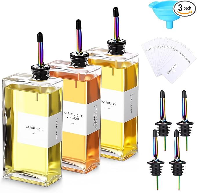 3 Sets Olive Oil Dispenser Bottles for Kitchen with Nozzles Funnel Labels Cooking Oil Dispenser 500ml Set for Kitchen Vinegar Coffee Syrup (Bright Color)