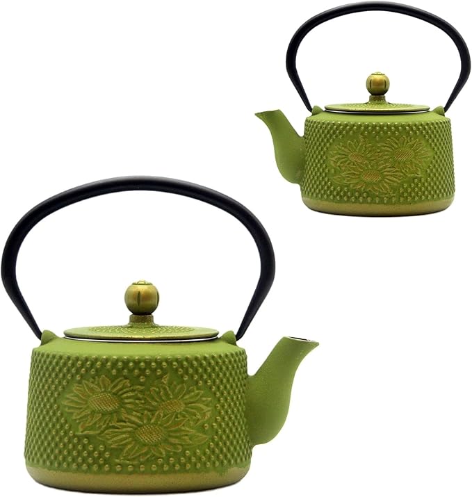 Cast Iron Teapot with Sunflower Pattern,SECHUDO Tea Kettle Coated with Enameled Interior for Loose Tea,Green Cast Iron Teapot with Stainless Steel Infuser for Stovetop Safe (28.7oz/850ml)