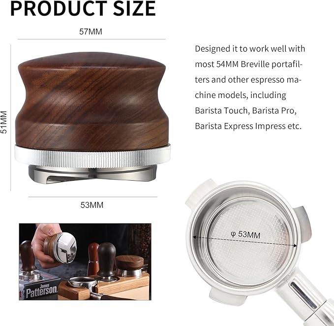 GURUDAR 53mm Coffee Distributor, Espresso Distribution Tool, Adjustable Depth Espresso Tamper Leveler with Walnut Wood Handle Fits for 54mm Breville Barista Portafilter