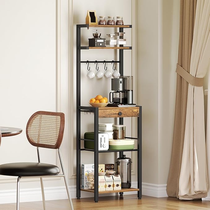 Bakers Rack, 5-Tier Coffee Bar Station, Coffee Stand with Pod Drawer Holder, Versatile Kitchen Storage Rack with 4 Hooks, for Living Room, Cafe Corner, Rustic Brown and Black KF01BRY1