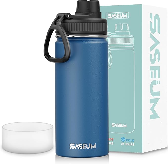 SASEUM Kids Sport Water Bottle 16oz Stainless Steel Double Wall Vacuum Thermal Mug with Leak Proof Spout Lids, Wide Mouth Metal Insulated Water Jug for Gym and Travel（Navy）