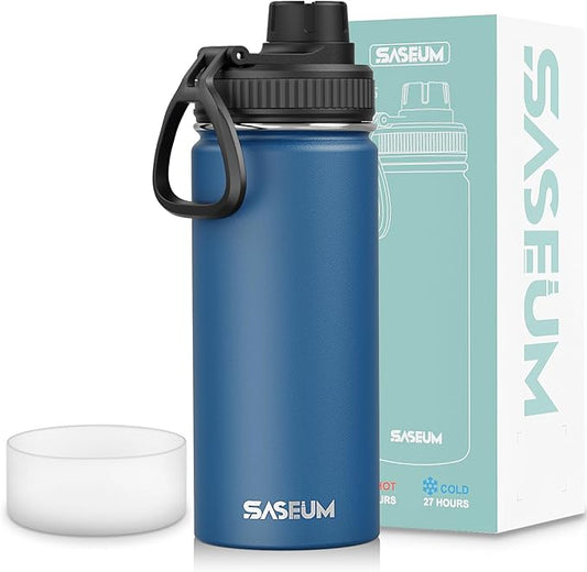 SASEUM Kids Sport Water Bottle 16oz Stainless Steel Double Wall Vacuum Thermal Mug with Leak Proof Spout Lids, Wide Mouth Metal Insulated Water Jug for Gym and Travel（Navy）