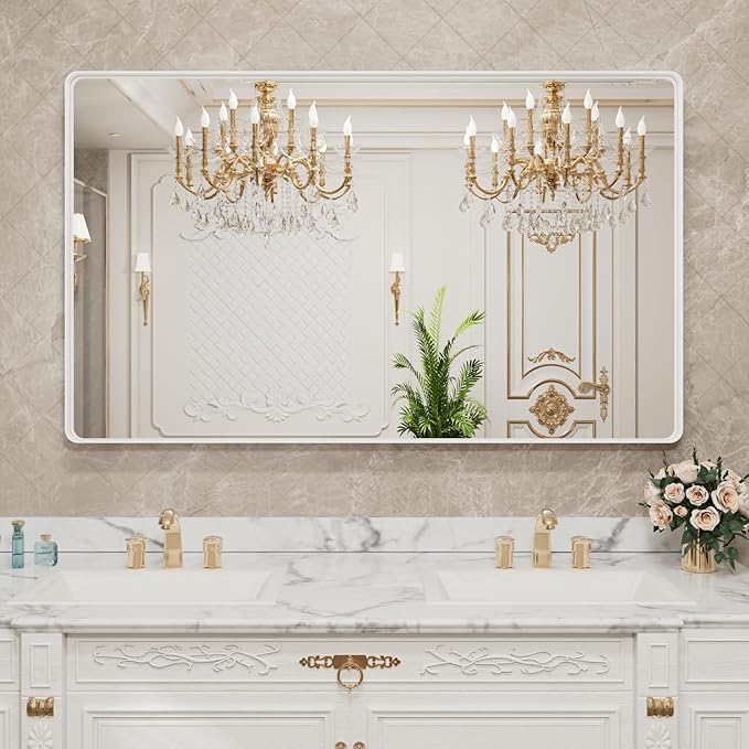 LOAAO 60x36 Inch White Metal Framed Bathroom Mirror for Wall, White Bathroom Vanity Mirror Farmhouse, Large Rounded Rectangle Mirror, Anti-Rust, Tempered Glass, Hangs Horizontally or Vertically