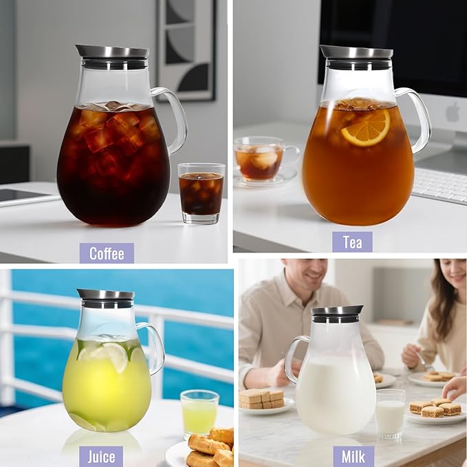 Glass Pitcher With Lid, 2.5 Liter 85 oz Glass Water Pitcher For Fridge, 0.66 Gallon Pitchers With Handle And Lid, Tea Jug Carafe Jar For Hot/Iced Water Milk Juice Coffee Fruit