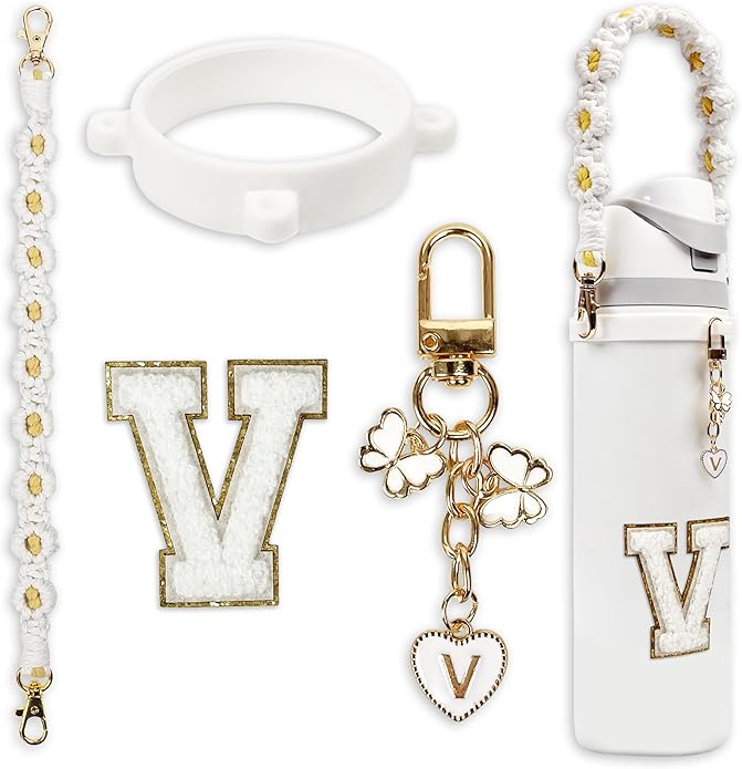 Compatible with Owala Water Bottle Accessories, Cute Letter Charm Set with Boho Handle Strap, Monogram Sticker, Silicone Ring, Keychain Decoration, for FreeSip 24 32 40oz, Owala Kids, Tumbler Gift