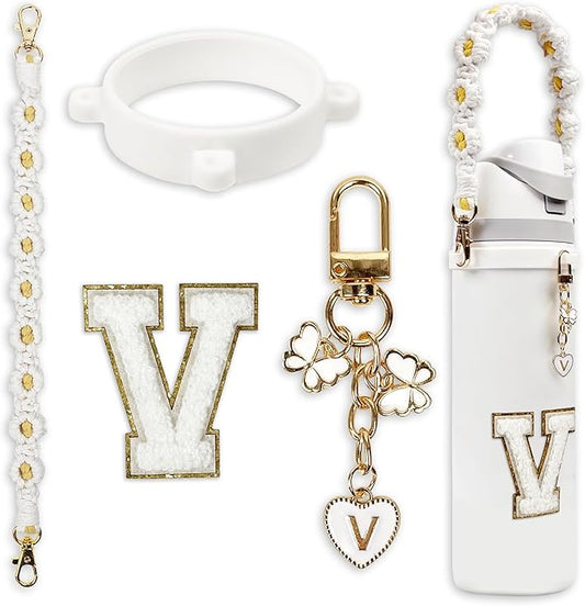 Compatible with Owala Water Bottle Accessories, Cute Letter Charm Set with Boho Handle Strap, Monogram Sticker, Silicone Ring, Keychain Decoration, for FreeSip 24 32 40oz, Owala Kids, Tumbler Gift