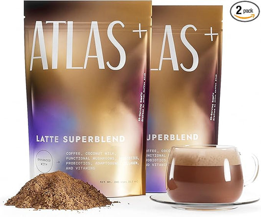 Atlas+ Latte Superblend– Premium Mushroom Coffee with Collagen, Probiotics, D3 & B12, Lion’s Mane, Reishi, Cordyceps, Coconut– for Energy, Focus, Immunity & Gut Health– 40 Servings (2 Bags)