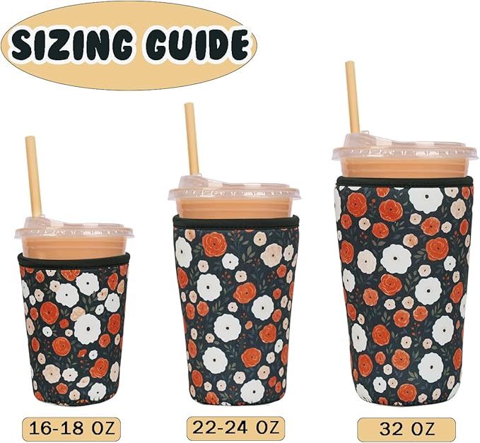 Reusable Insulated Neoprene Iced Coffee Cup Sleeve, Durable Drink Sleeve for Cold Beverages, Beverage Holder for Iced Coffee, Midnight Blooms