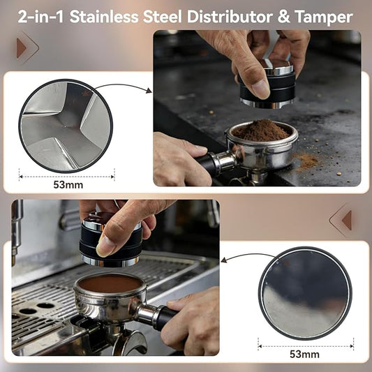 53mm Espresso Accessories Kit, 4-in-1 Set: 2-in-1 Distributor & Tamper, Tamper Mat, WDT Tool & Magnetic Dosing Funnel, Compatible with Delonghi & All 53mm Espresso Machines/Portafilters