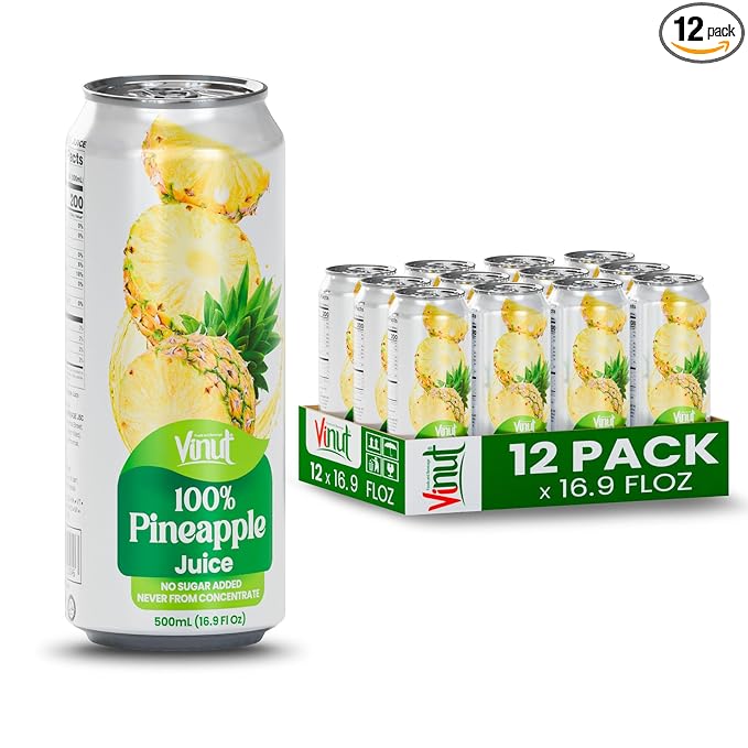 VINUT 100% Pineapple Juice, No Added Sugar, Not From Concentrate, 16.9 fl oz (500 mL) Can, Pack of 12