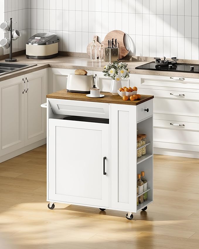 Kitchen Island Cart with Storage, Kitchen Cabinet, Mobile Kitchen Island, Storage Trolley for Kitchen with Hidden Trash Bin Cabinet, for Dining Room, White and Walnut MZD06WL