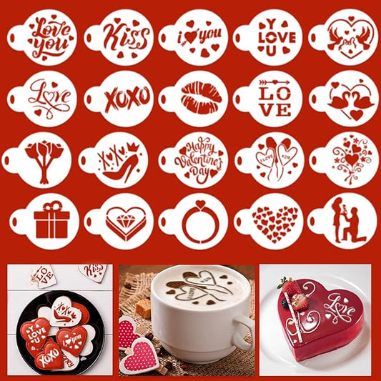 20 Pcs Valentine's Day Cookie Stencils Reusable Cake Coffee Decorating Stencils Templates Mold Tools for Cake Cookie Dessert Buttercream Painting Coffee Decoration DIY Valentines Party Decor