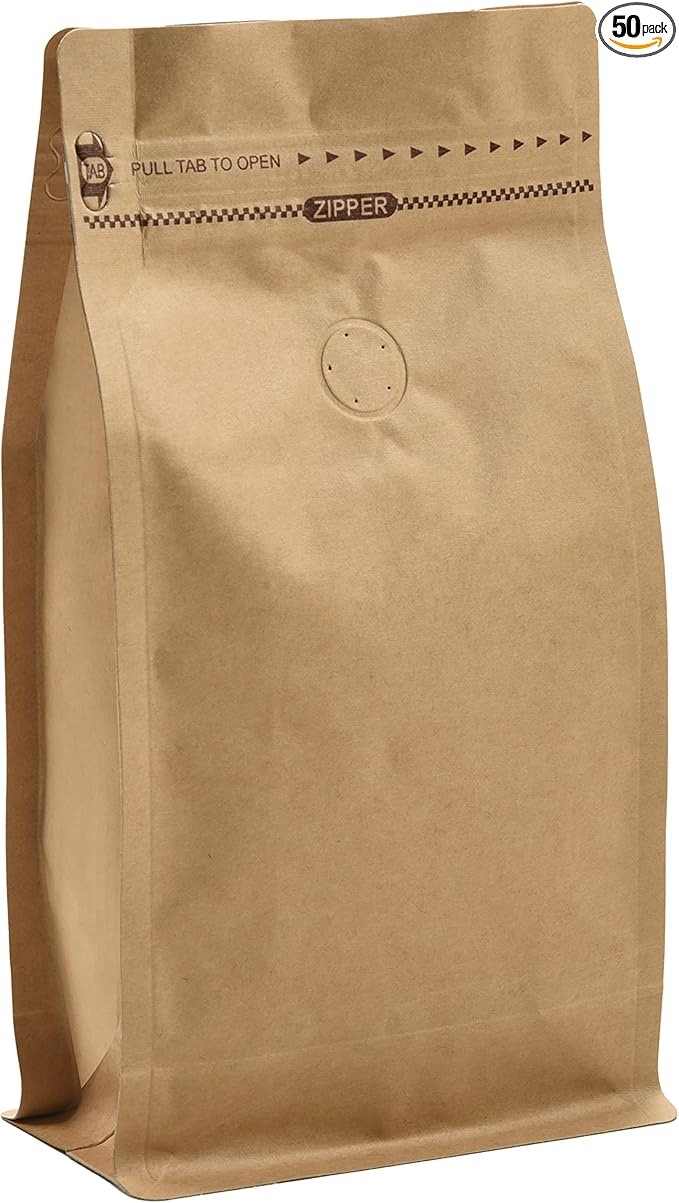50 Pieces 1 Kg Kraft Paper Stand Up Coffee Bag/Flat Bottom Pouch with Air Release Valve and Reusable Side Zipper. (50pcs, 2.2lb/32oz/1kg)
