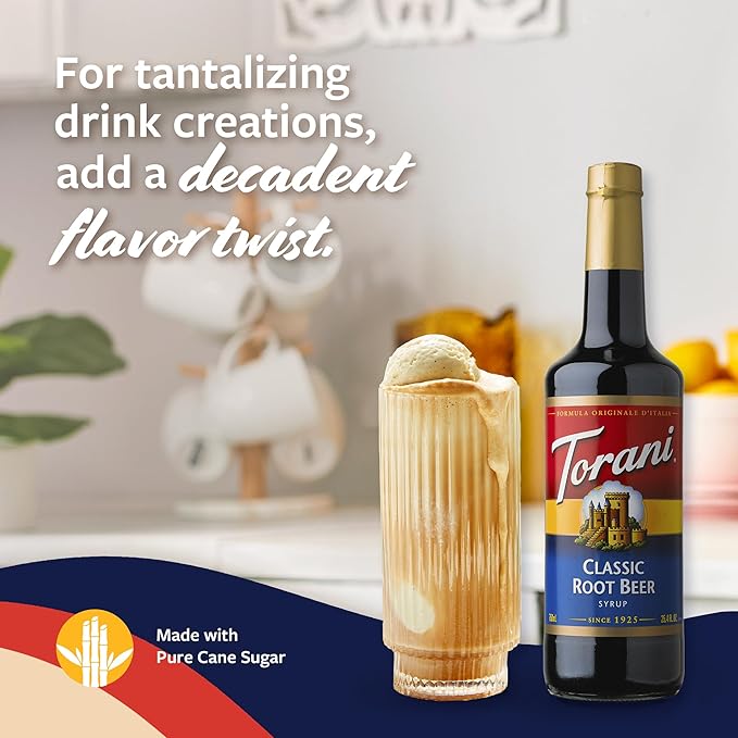 Torani Classic Root Beer Syrup for Drinks, Flavoring for Soda, Floats, and Shakes, Glass Bottle with Pump Included, 25.4 Fl Oz