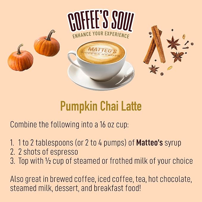 Matteo's Pumpkin Chai Syrup for Coffee, Lattes, Cappuccinos & Desserts – Sugar-Free Sweetener for Beverages, Keto Friendly, Zero Calories, Indulgent Flavor, Non-Alcoholic, 33.8oz (1pk)