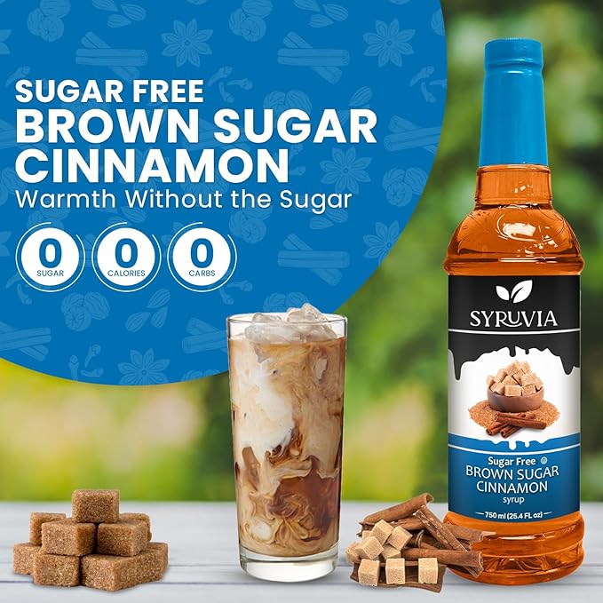 Syruvia Sugar-Free Brown Sugar Cinnamon Syrup for Coffee, Great for Drinks, Shakes, Smoothies and Cocktails - 25.4 fl oz, Kosher, 100% Vegan, Gluten-Free, No-Calorie, With Pump