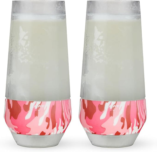 HOST Champagne Freeze Double-Walled Stemless Wine Glasses Freezer Cooling Cups with Active Cooling Gel and Insulated Silicone Grip, 9 Oz Plastic Tumblers, Pink Camo, Set of 2