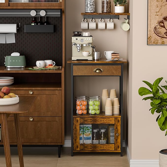 X-cosrack Coffee Bar Station, 3-Tier Small Coffee Stand Station with Storage, Farmhouse-Style Kitchen Microwave Stand Featuring 1-Door Cabinet Ideal for Living Room, Entryway, Kitchen