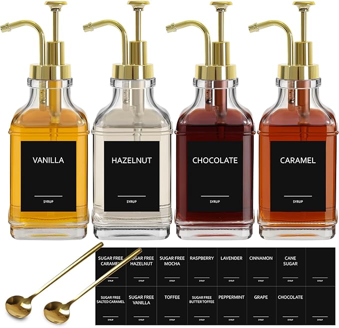 Coffee Bar Accessories, Coffee Syrup Dispenser 16.9 fl oz/500ml, Glass Syrup Dispenser with Gold Pump Dispenser, Labels, Spoons for Coffee Bar, 4 Pack