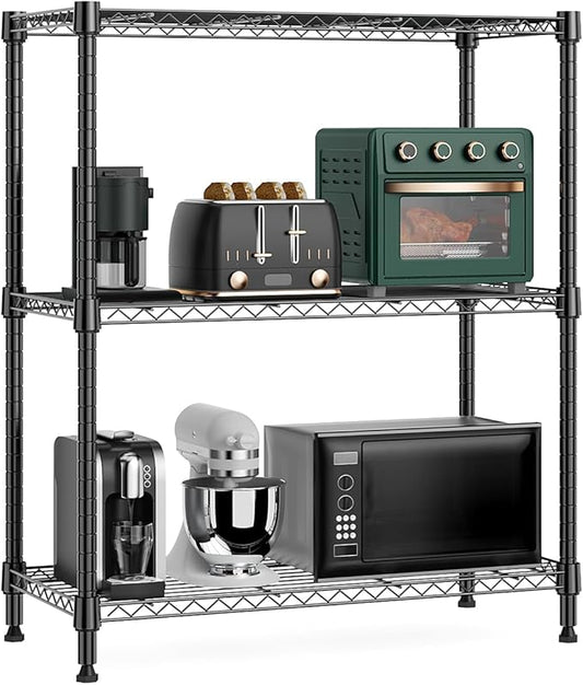 M MZG 750 lbs 3 Tier Storage Rack Metal Wire Shelving Unit, Storage Standing Shelf Organizer for Laundry Bathroom Kitchen Pantry Closet Garage Basement Utility Room, Black 13.8" D x 29.5" W x 35.5" H