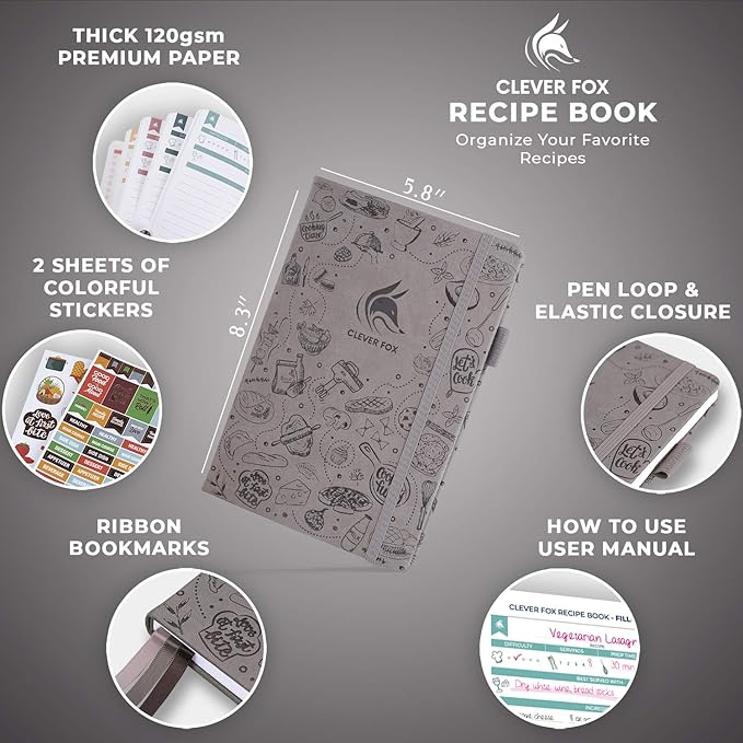 Clever Fox Recipe Book – Blank Family Cookbook – Empty Cooking Journal – Notebook Organizer to Write In Recipes – Medium, A5 (Gray)