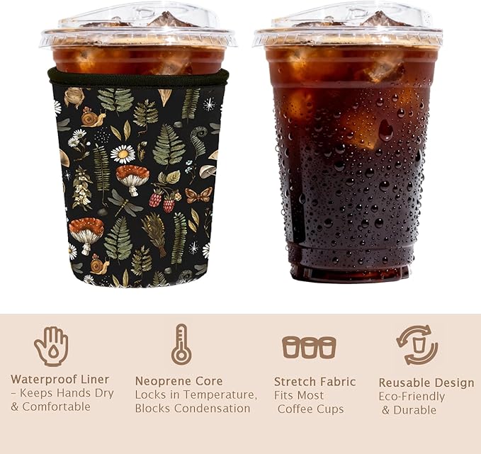 Reusable Insulated Sleeve for Iced Coffee Cup, Coffee Neoprene Sleeve for Cold & Hot Drinks, Beverage Holder for Iced Coffee (Mushroom Mirage, Small: 16-18oz)