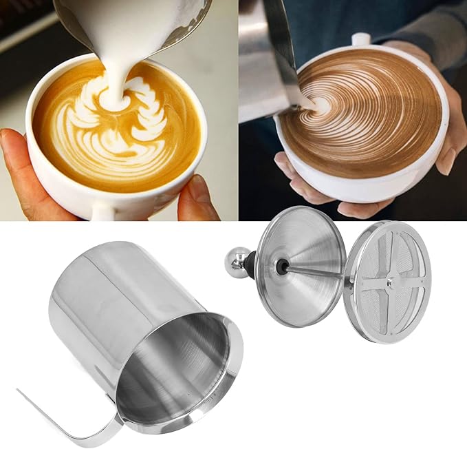 Manual Milk Frother, 27oz Stainless Steel Hand Pump Milk Frother with Double Layer Filter and Lid, Handheld Milk Foam Maker for Coffee, Latte, Cappuccino, Frappe, Matcha, Hot Chocolate