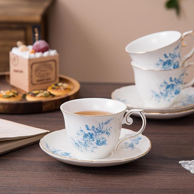 tea cups and saucers ceramic coffee mug 6oz for Coffee, Latte, Cafe Mocha and Tea-Set of 4,Blue