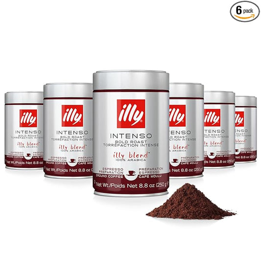 illy Ground Espresso Coffee, Intenso Dark Roast, 100% Arabica, Premium Italian Coffee, Pre-Ground for Espresso Machines, 8.8oz, 6 Pack