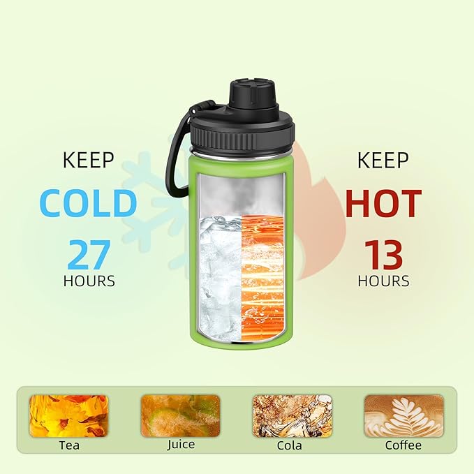 SASEUM Kids Sport Water Bottle 12oz Stainless Steel Double Wall Vacuum Thermal Mug with Leak Proof Spout Lids, Wide Mouth Metal Insulated Water Jug for Gym and Travel（Apple Green）