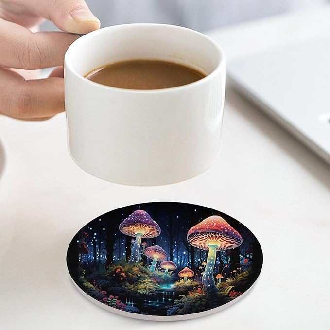 Botanical Drink Coasters, Round Ceramic Drink Coaster Round-4PCS, Fantasy Colorful Cartoon Style Abstract Mushroom Print Decor Absorbent Ceramic Coasters for Beverage Cup, Bar, Coffee Table