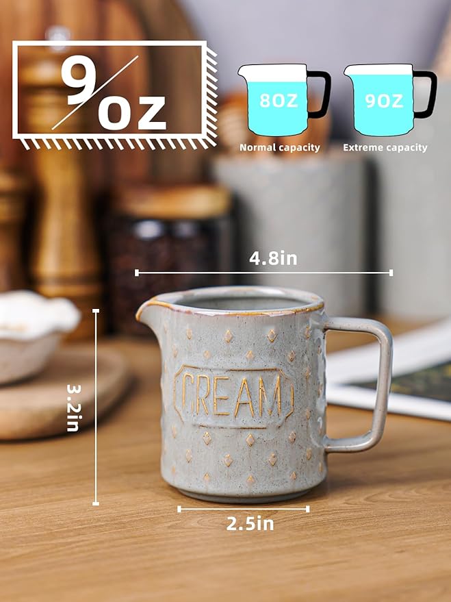 9 OZ Creamer Pitcher, Ceramic Creamer with Handle, Small Milk Pitcher Cup for Coffee, Sauces, Salad, Microwave & Dishwasher Safe (Vintage Grey)