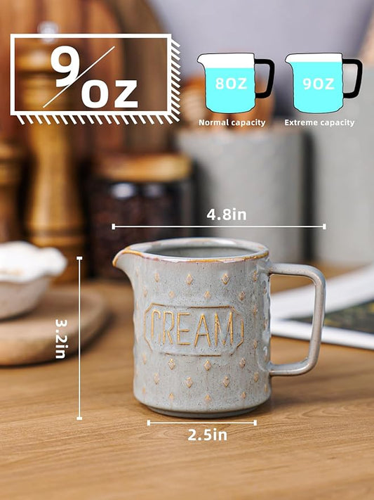 9 OZ Creamer Pitcher, Ceramic Creamer with Handle, Small Milk Pitcher Cup for Coffee, Sauces, Salad, Microwave & Dishwasher Safe (Vintage Grey)