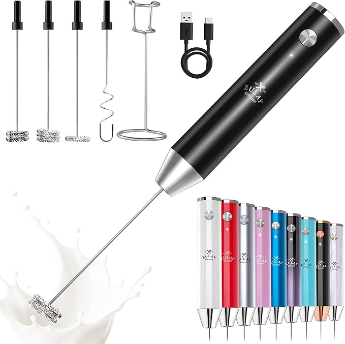 Zulay Kitchen Rechargeable Milk Frother Handheld - Lux 4 Whisks, Powerful 2-Speed Motor, Waterproof, 2000mAh Battery - Drink Mixer for Latte, Cappuccino, Matcha & Protein Powder - Jet Black