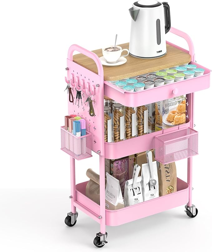 ALVOROG Rolling Cart with Drawer and Wood Table Top, 3 Tier Metal Rolling Utility Cart on Wheels with DIY Pegboards, Hanging Baskets,Hooks for Kitchen, Bedroom, Office, Craft Supplies