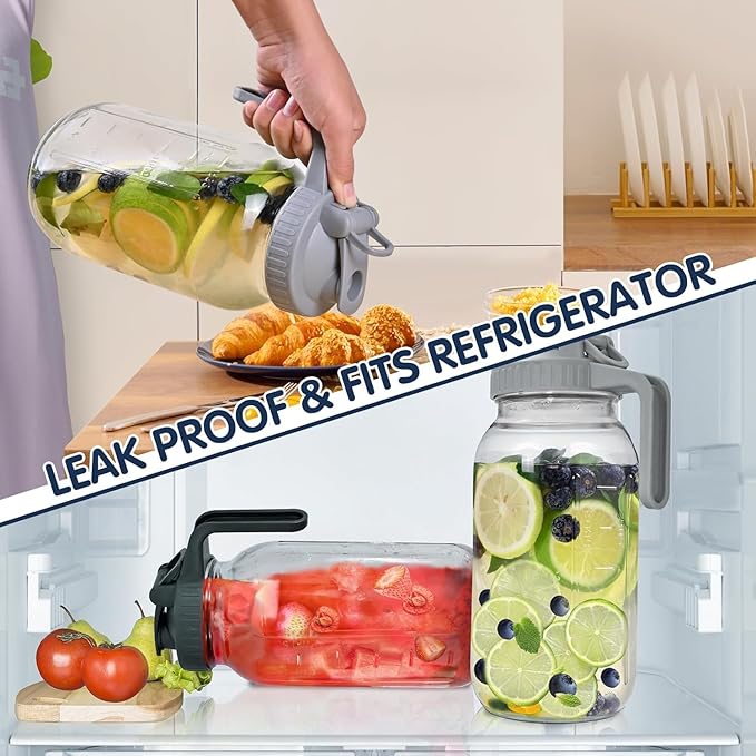 64OZ Glass Pitchers with Lid, Wide Mouth Water Jugs, Leak-Proof Airtight Mason Jars for Cold Brew Coffee, Iced tea, Milk, Food Storage, Sun Tea, Black