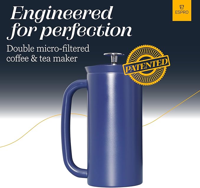 ESPRO P7 French Press Stainless Steel 304 – Patented Double Walled Micro-Filter Insulated French Press Coffee Maker, Grit-Free Brew - Heat Resistant BPA Free - Agean Blue (18oz)