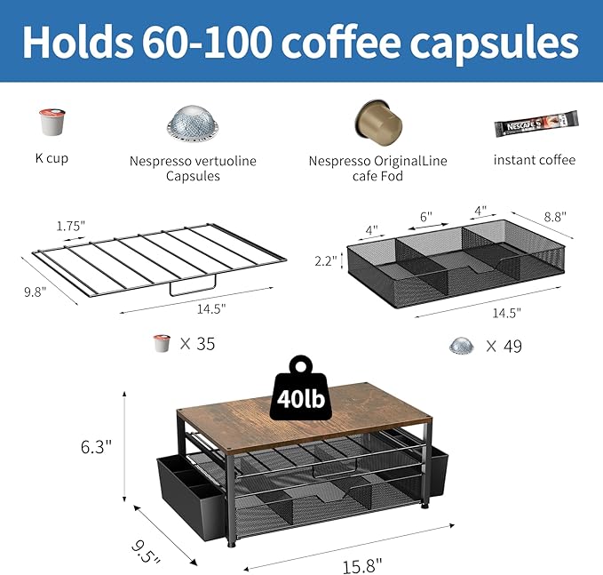 K Cup Holder Organizer, 2-Tier Coffee Pod Holder for 63 Large/80 Small Capsules with Storage Drawer & 2 Accessory Holders, Kcup Organizer for Countertop Coffee Station in Kitchen, Office, Coffee Bar