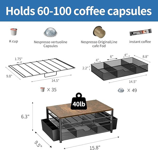 K Cup Holder Organizer, 2-Tier Coffee Pod Holder for 63 Large/80 Small Capsules with Storage Drawer & 2 Accessory Holders, Kcup Organizer for Countertop Coffee Station in Kitchen, Office, Coffee Bar