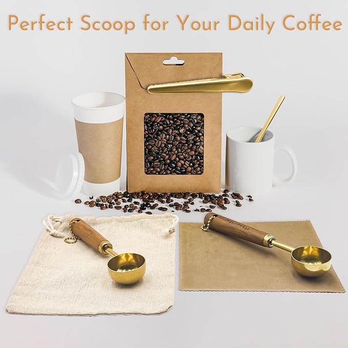 Gold Coffee Scoop with Wooden Handle, 1 Tablespoon / 15 ml, 304 Stainless Steel Measuring Spoon for Ground Coffee, Espresso, Tea, Protein Powder, Spices (6 Pack)