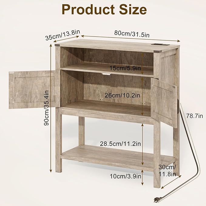 Console Table with Outlets, Farmhouse Coffee Bar Cabinet, 31.5 l x 13.8 D x 35.5 H, Entryway Table with Storage Cabinets for Living Room, Couch, Hallway, Foyer, Kitchen (Brown)