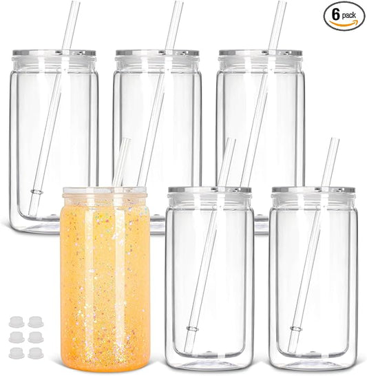 16 Oz Plastic Snow Globe Tumbler with Lid and Straw, 6 Pack Double Wall Pre Drilled Plastic Mason Jar Cups Can for Snow Globe Glitter DIY Gift(Clear)