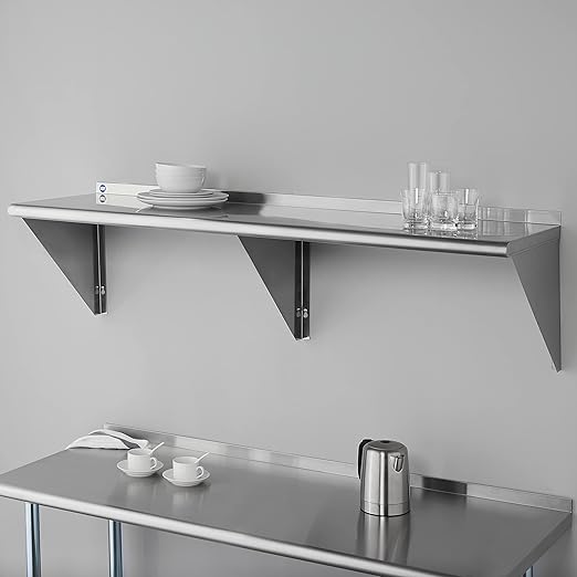 ROCKPOINT Stainless Steel Shelf 18 x 60 Inches 450lb, NSF Metal Commercial Shelves Wall Mount Floating Shelving with Backsplash for Restaurant, Kitchen, Home and Hotel, Silver