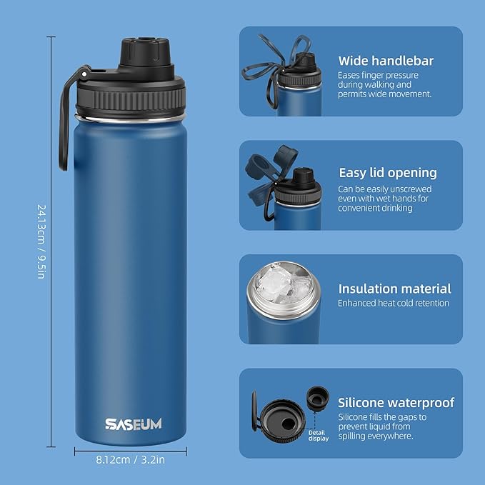 SASEUM Sport Water Bottle 22oz Stainless Steel Double Wall Vacuum Thermal Mug with Leak Proof Spout Lids, Wide Mouth Metal Insulated Water Jug for Gym and Travel（Navy）